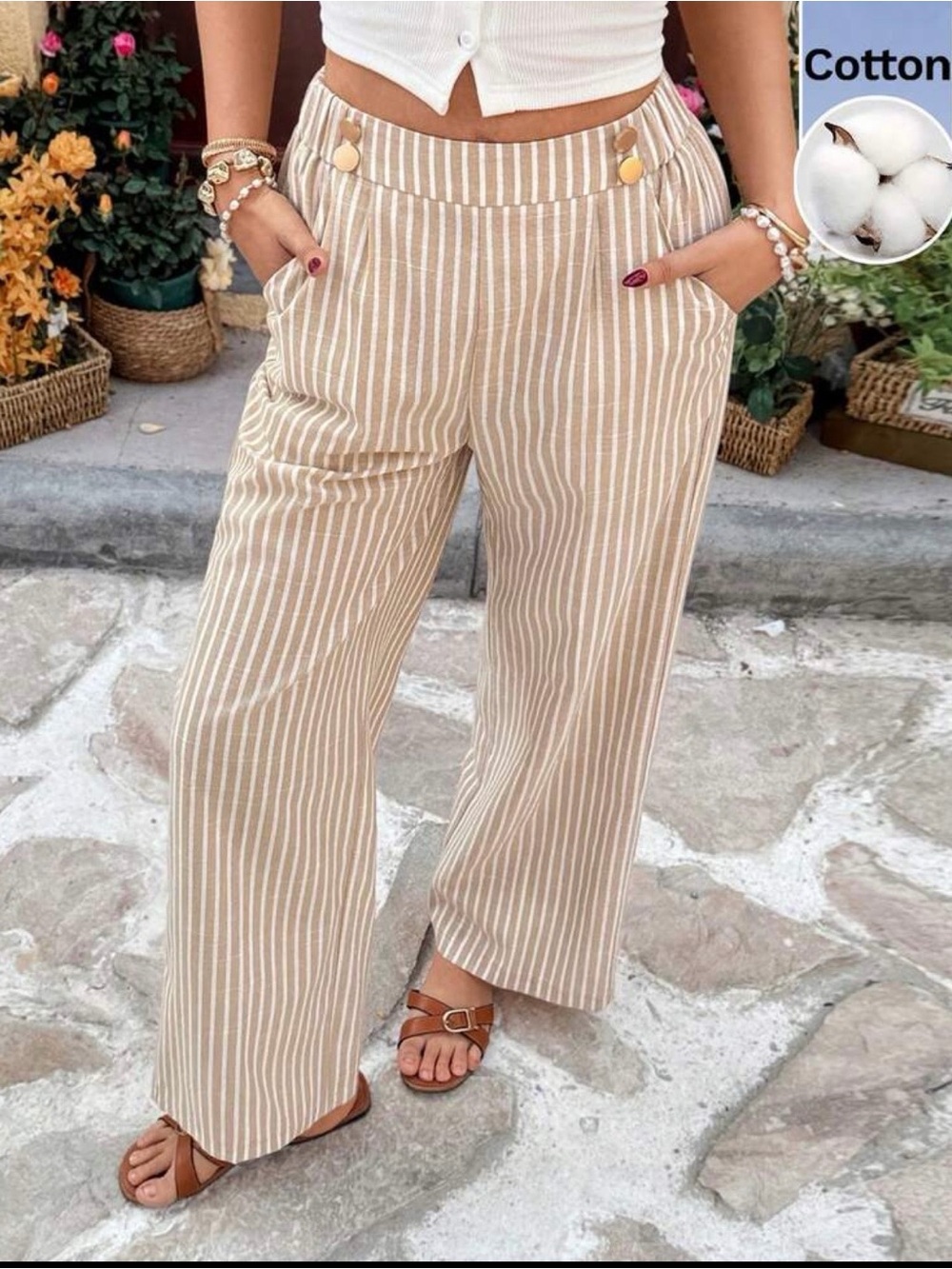 High-Rise Wide-Leg Linen Blend Pants in Beige Stripe